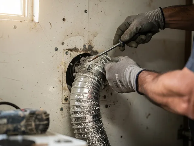 East Hartford Dryer Vent Cleaning technician performing precise dryer vent hose installation in East Hartford